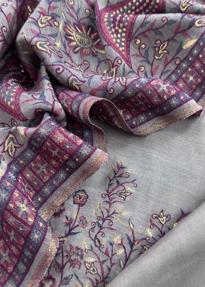 Cheeku Grey Pure Silk Suit With Kani Gold Zari Weaving