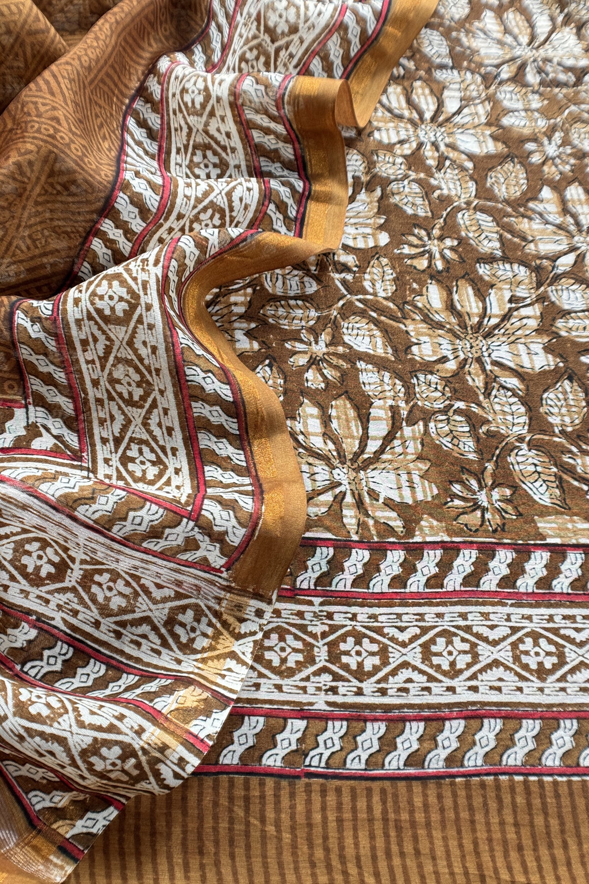 Brown Pure Maheshwari Silk Suit With Hand-block Print