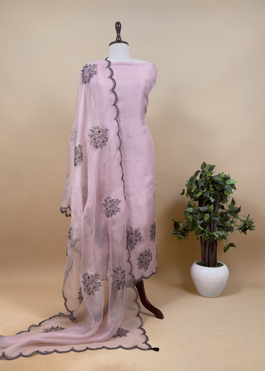 Kalasheel Luxe Designer Handloom Organza Suit With Black Roses Embroidery