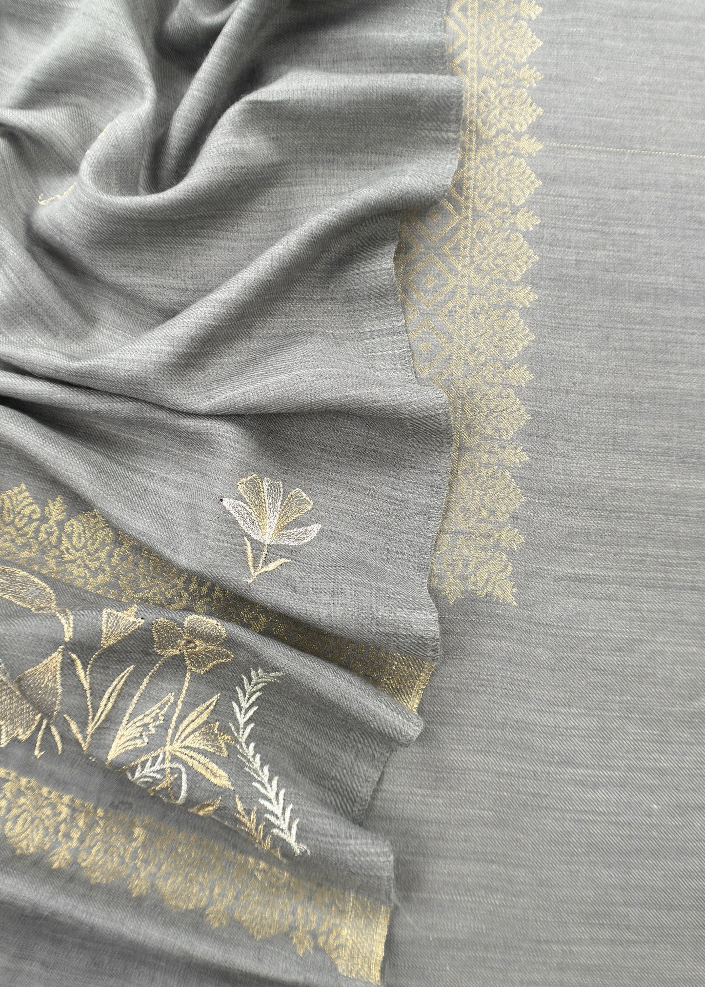 English Grey Pure Merino Wool With Flamingo Gold Silver Aari Embroidery