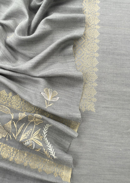 English Grey Pure Merino Wool With Flamingo Gold Silver Aari Embroidery