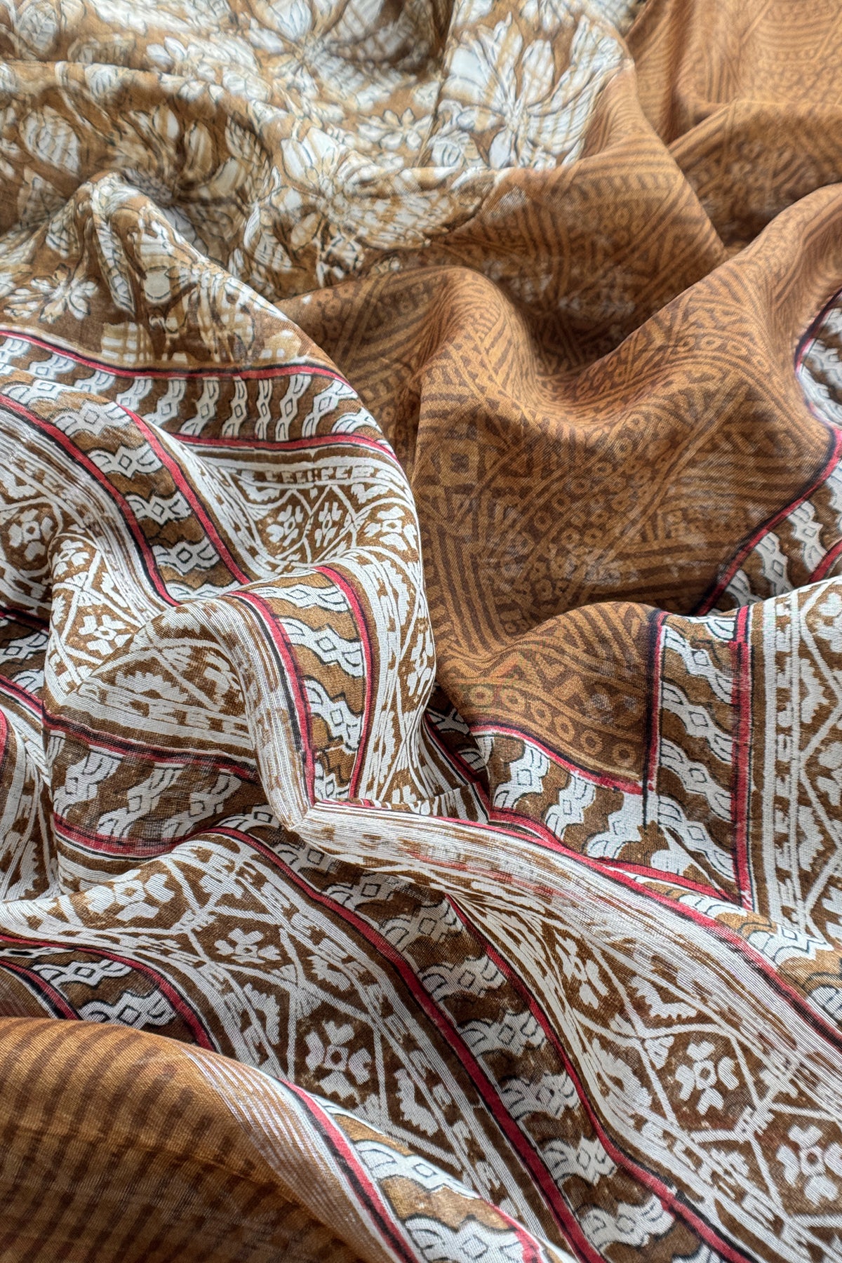 Brown Pure Maheshwari Silk Suit With Hand-block Print