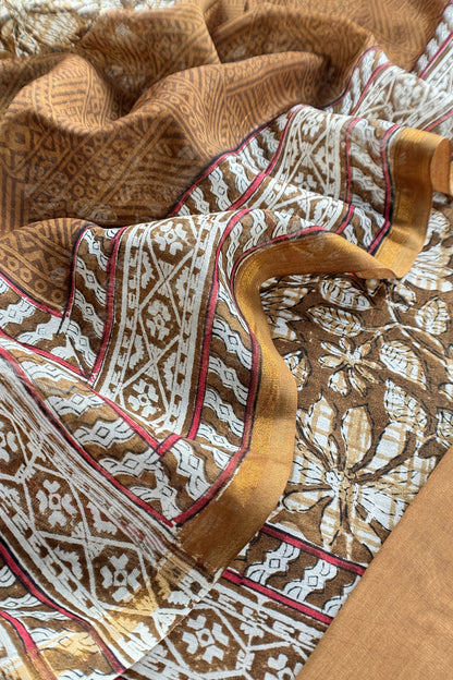 Brown Pure Maheshwari Silk Suit With Hand-block Print