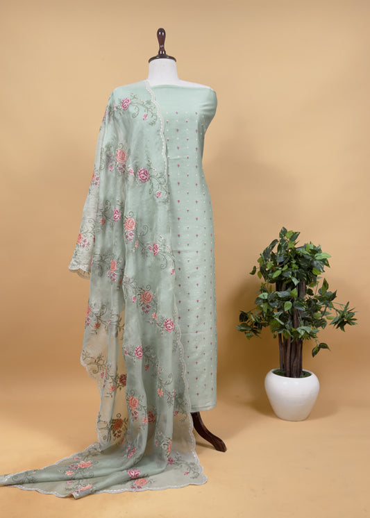 Sea Green Pure Mul Chanderi Suit With Resham Thread Embroidered