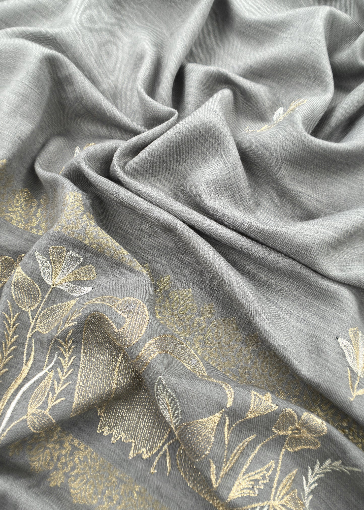 English Grey Pure Merino Wool With Flamingo Gold Silver Aari Embroidery
