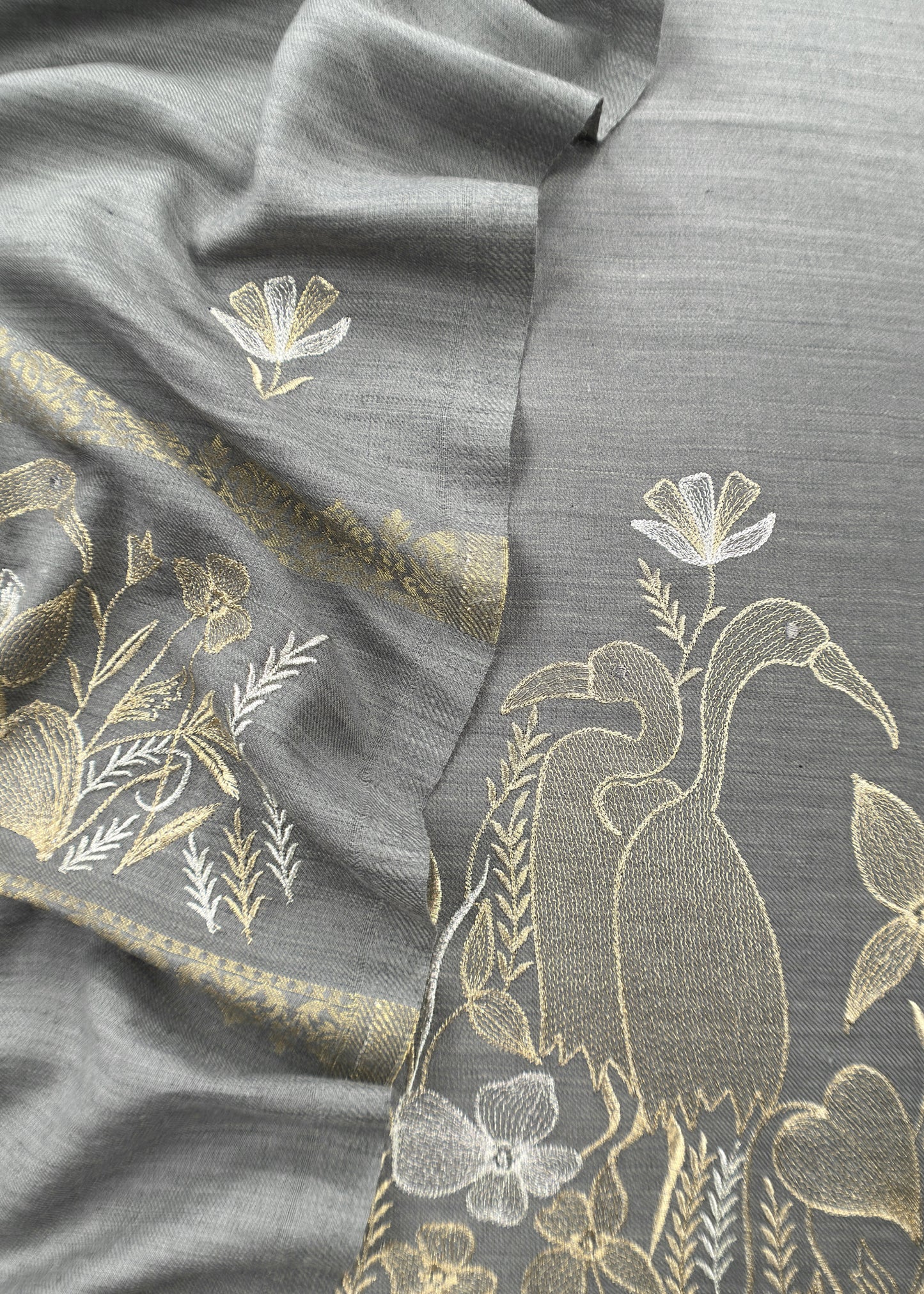 English Grey Pure Merino Wool With Flamingo Gold Silver Aari Embroidery
