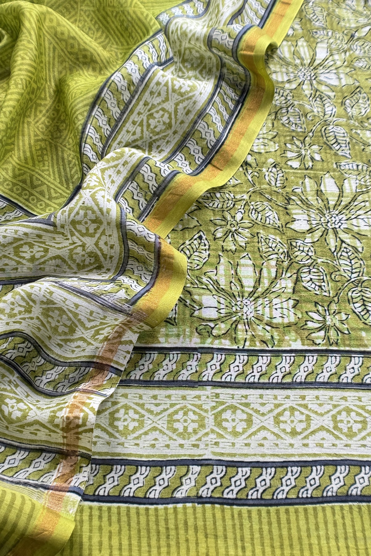 Olive Green Pure Maheshwari Silk Suit With Hand-block Print
