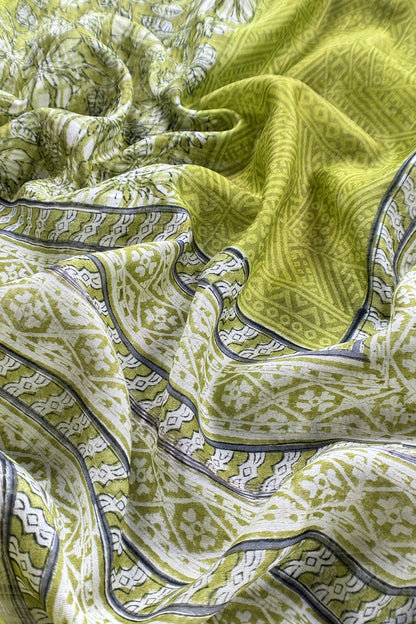 Olive Green Pure Maheshwari Silk Suit With Hand-block Print