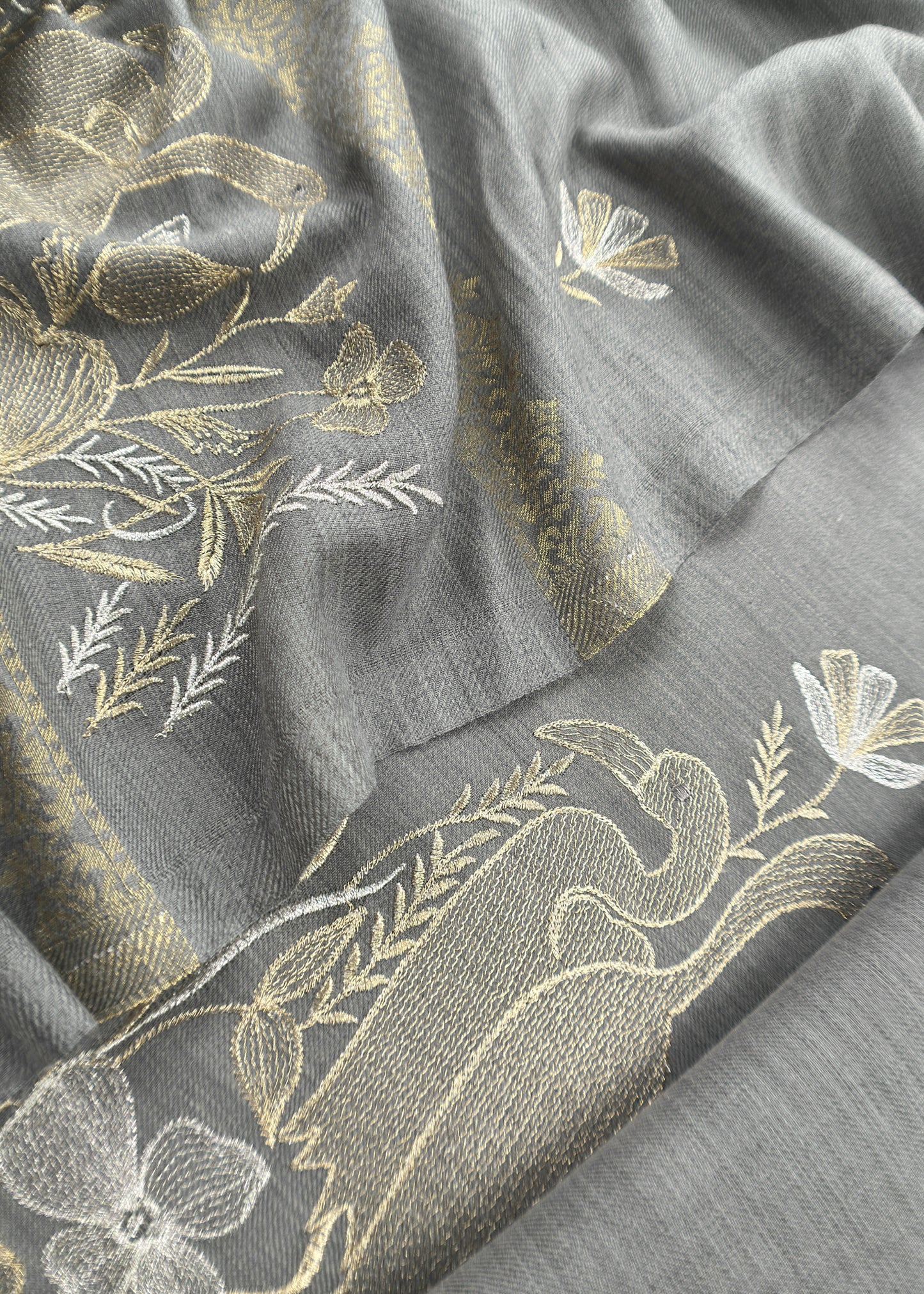 English Grey Pure Merino Wool With Flamingo Gold Silver Aari Embroidery
