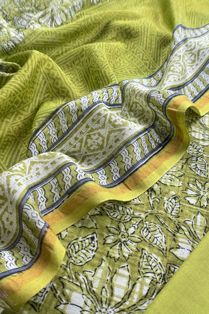 Olive Green Pure Maheshwari Silk Suit With Hand-block Print