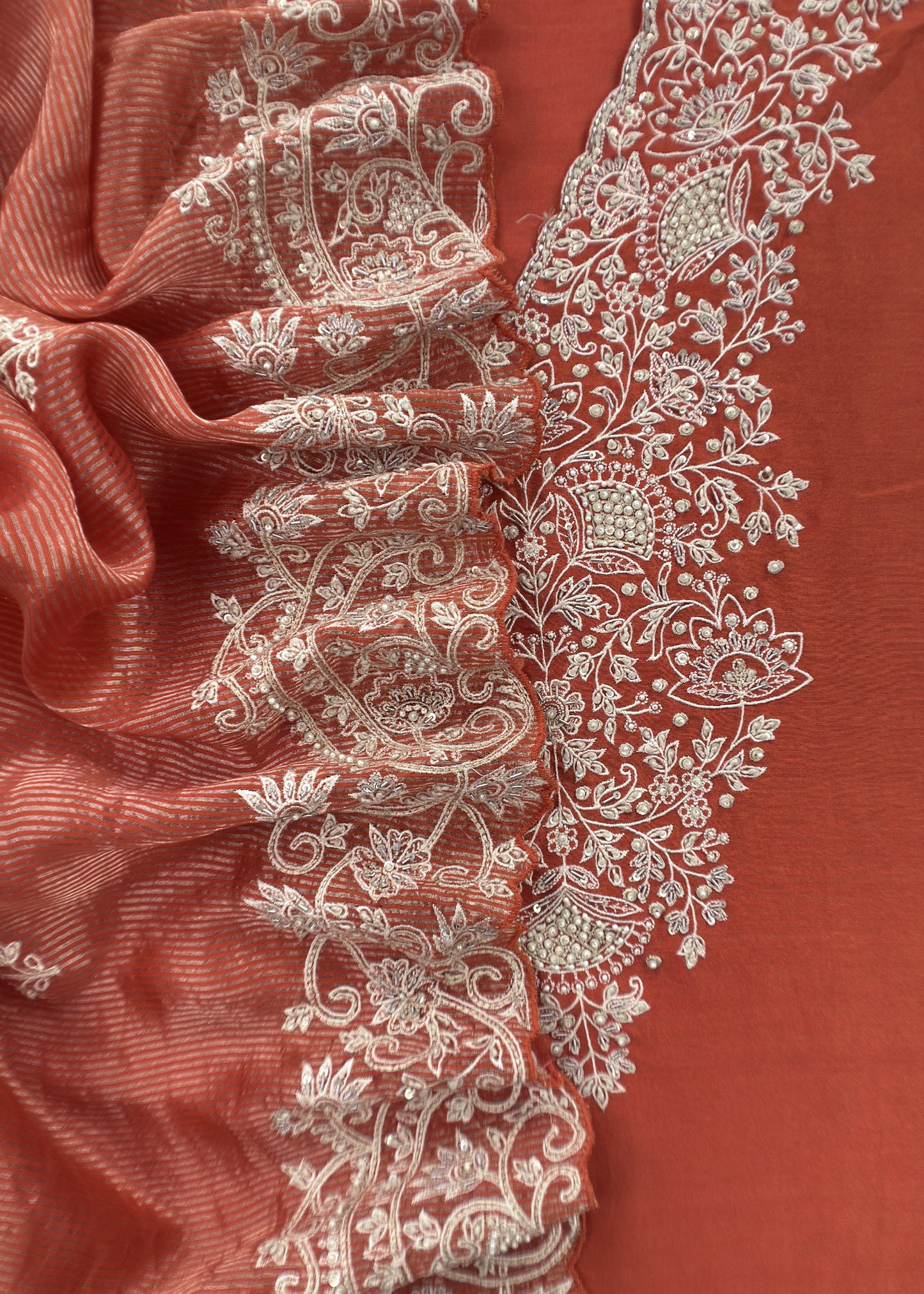 Rust orange handloom Silk Kurta and Tissue Silk Dupatta With Handwork