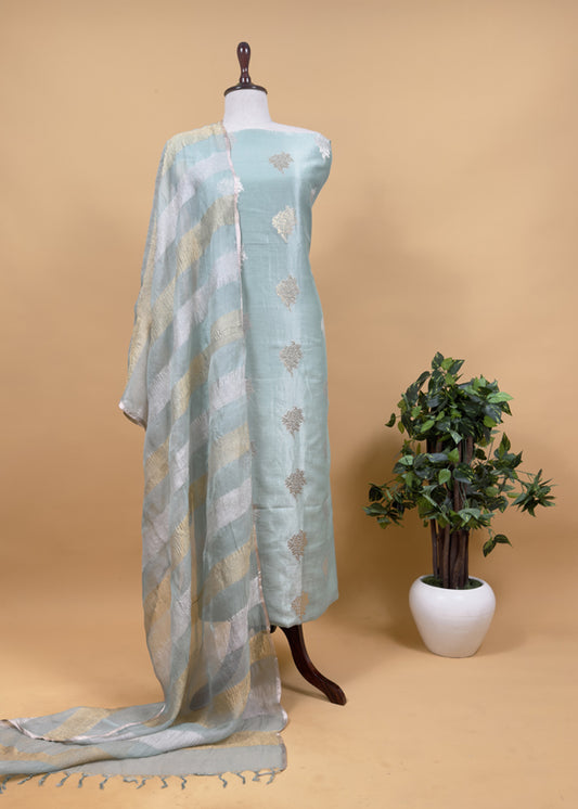 Sea Green Handloom Banarasi Unstitched Suit In Kora Tissue Silk