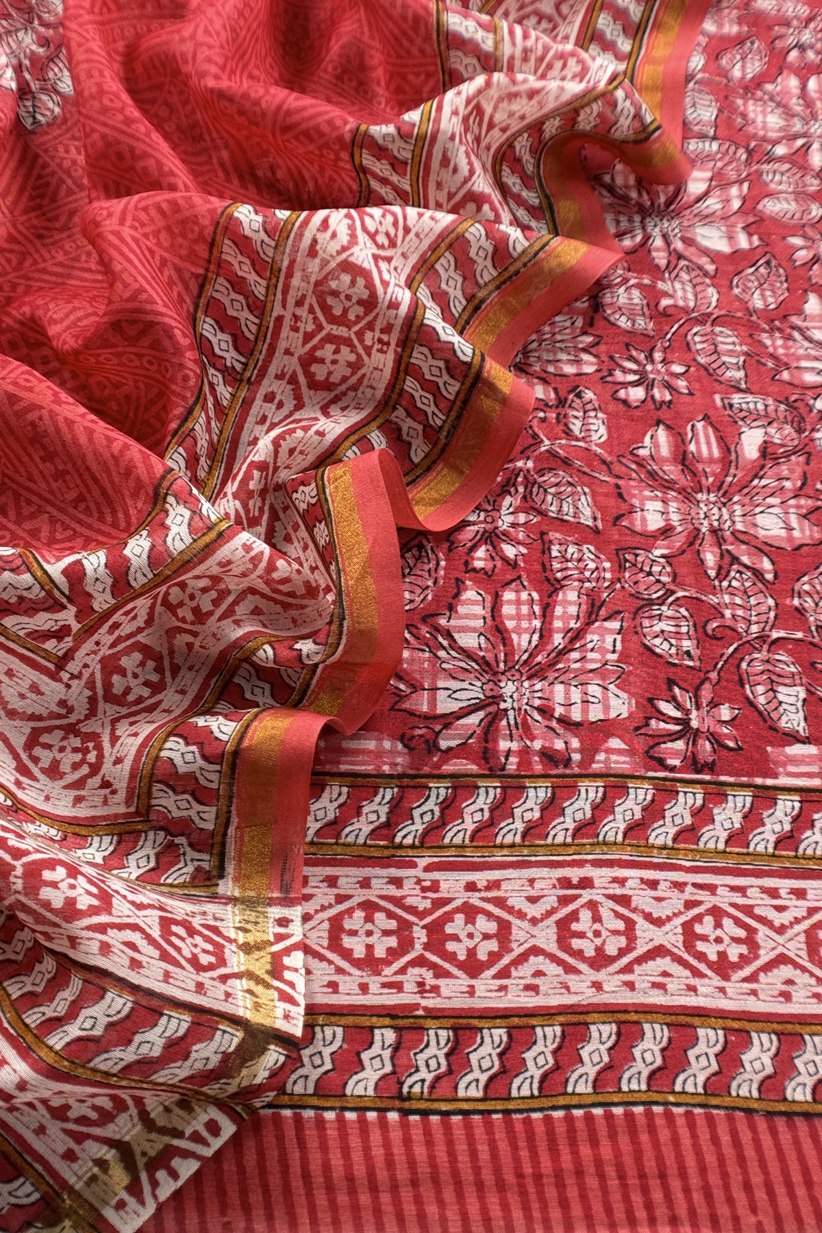 Red Pure Maheshwari Silk Suit With Hand-block Print