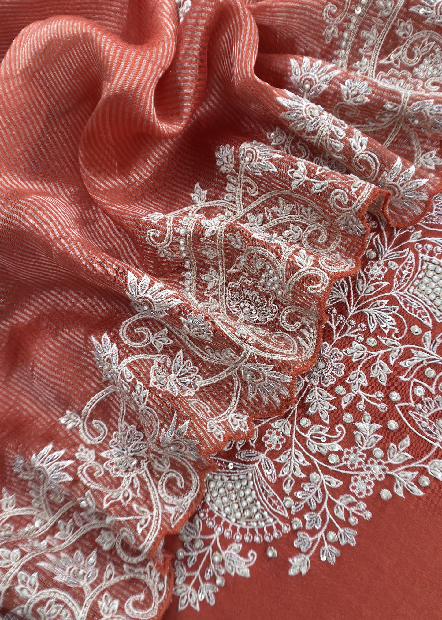 Rust orange handloom Silk Kurta and Tissue Silk Dupatta With Handwork