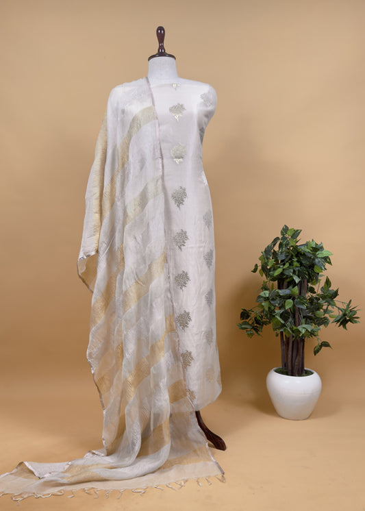 Off White Handloom Banarasi Unstitched Suit In Kora Tissue Silk