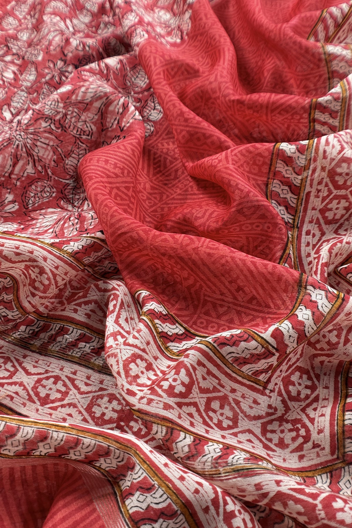 Red Pure Maheshwari Silk Suit With Hand-block Print