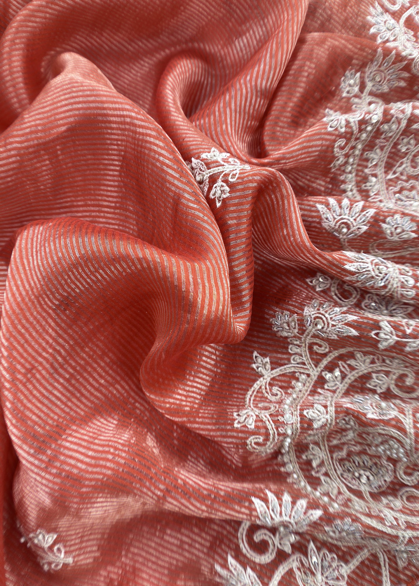 Rust orange handloom Silk Kurta and Tissue Silk Dupatta With Handwork