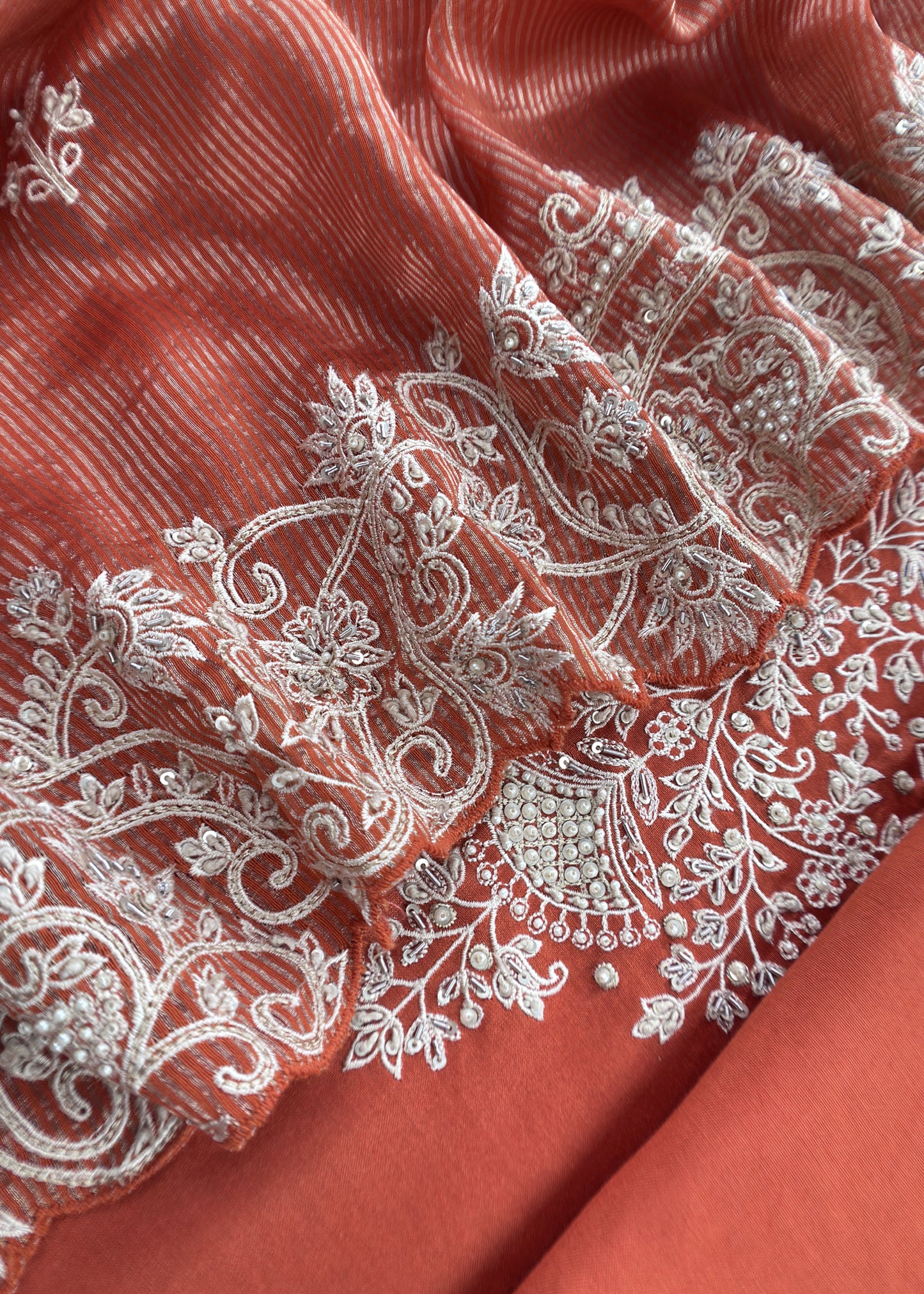 Rust orange handloom Silk Kurta and Tissue Silk Dupatta With Handwork