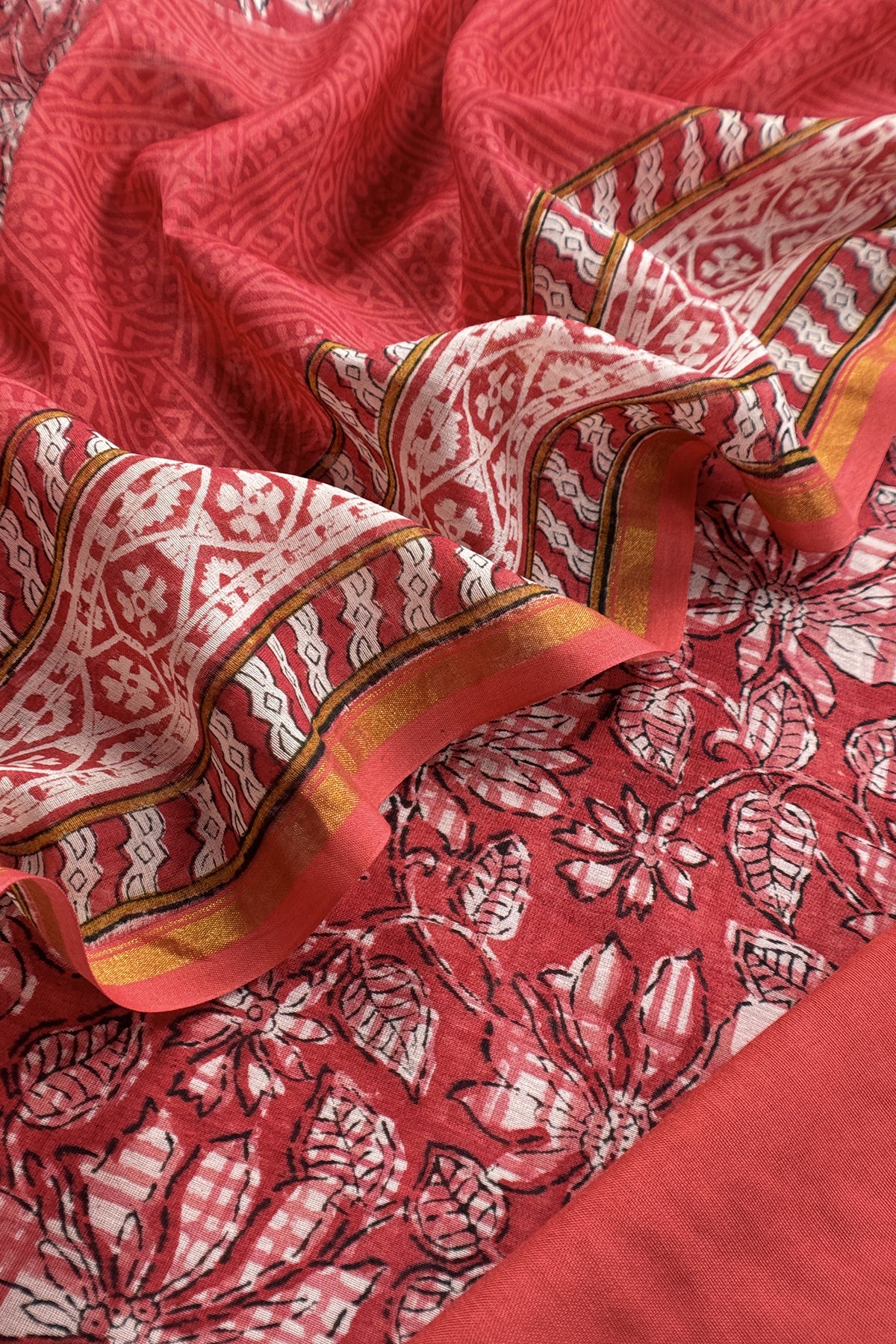 Red Pure Maheshwari Silk Suit With Hand-block Print