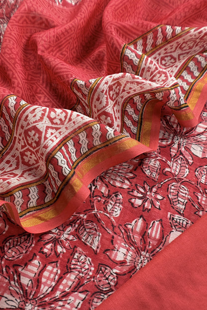 Red Pure Maheshwari Silk Suit With Hand-block Print