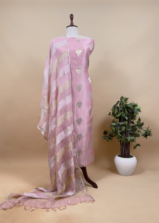Neon Pink Handloom Banarasi Unstitched Suit In Kora Tissue Silk