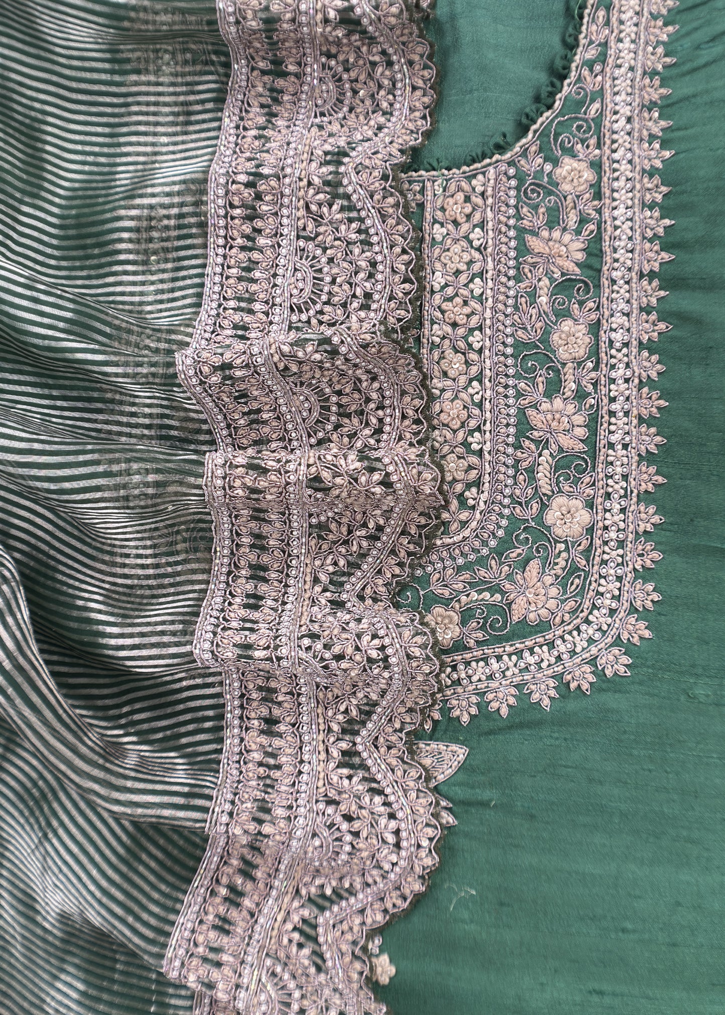 Panna Green Handloom Silk kurta And Tissue Silk Dupatta With Dori Dabka Handwork