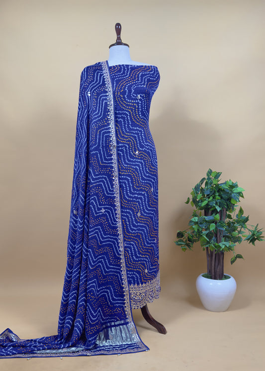 Rangreza Bandhej Blue Handloom Gajji Silk Suit With Weaving And Gota Patti Handwork