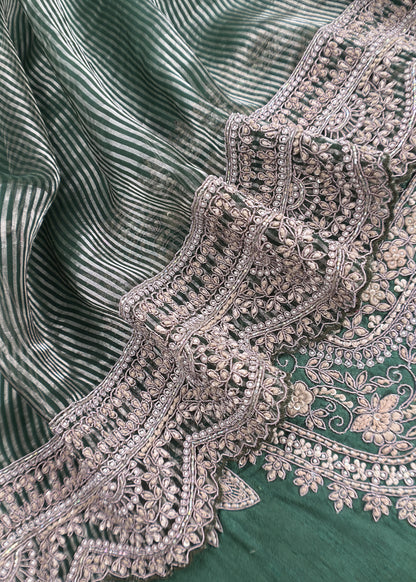 Panna Green Handloom Silk kurta And Tissue Silk Dupatta With Dori Dabka Handwork