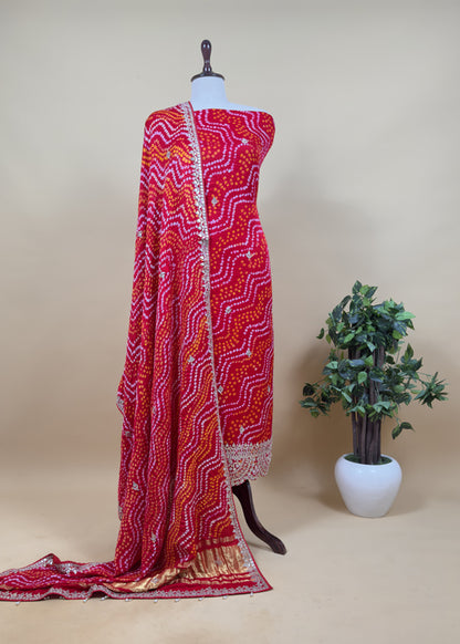 Rangreza Bandhej Red Handloom Gajji Silk Suit With Weaving And Gota Patti Handwork