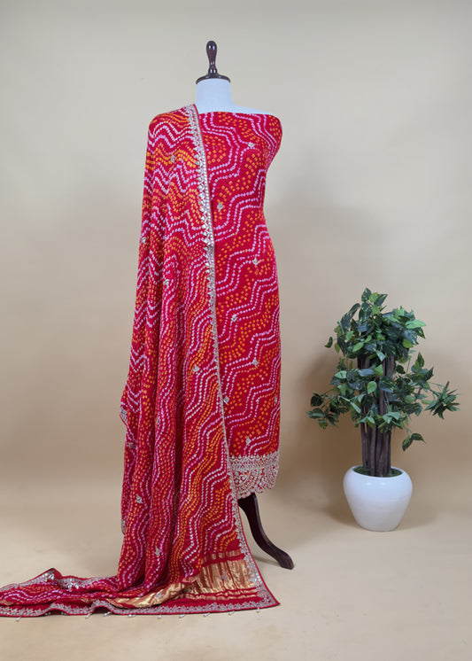 Rangreza Bandhej Red Handloom Gajji Silk Suit With Weaving And Gota Patti Handwork