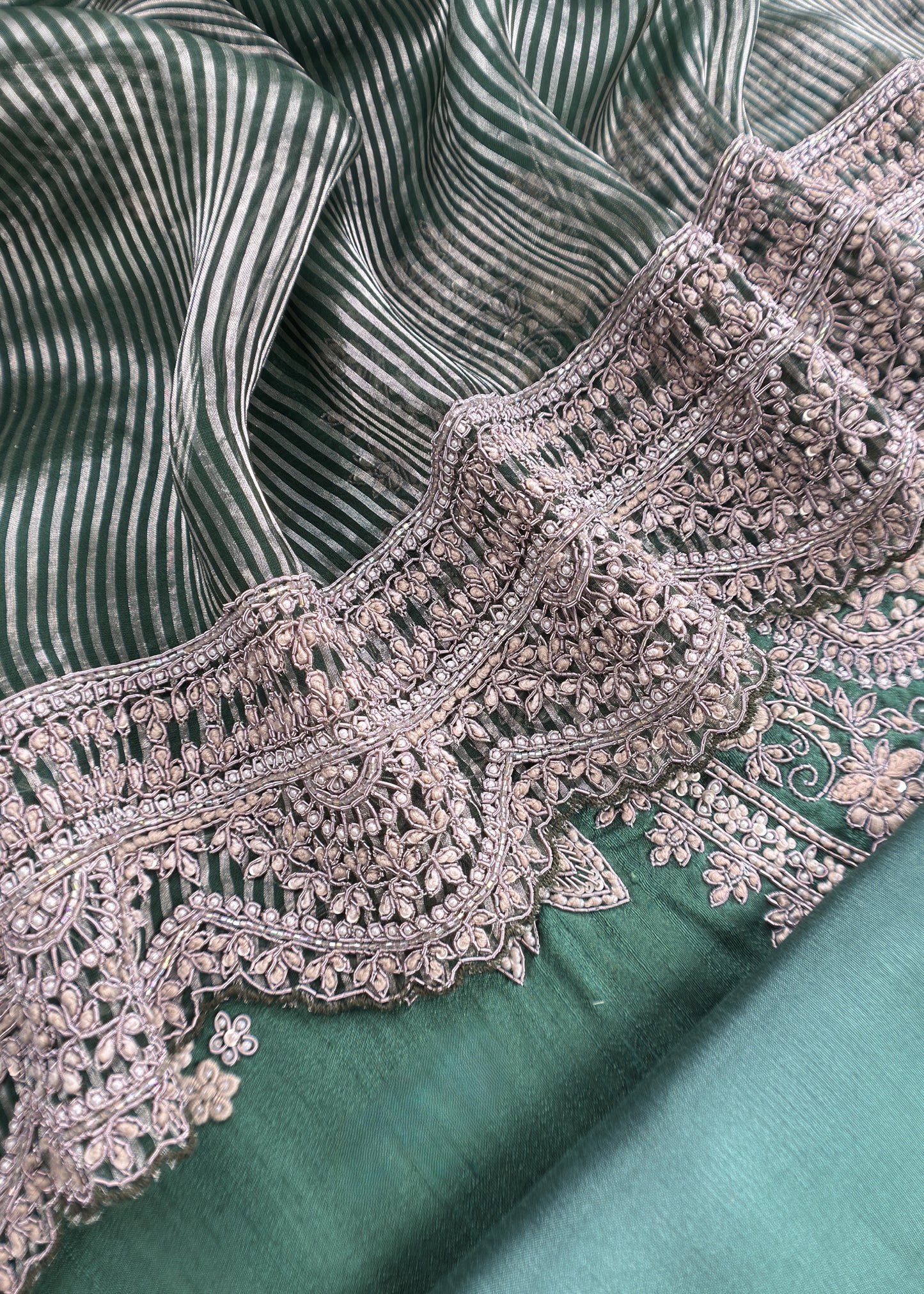 Panna Green Handloom Silk kurta And Tissue Silk Dupatta With Dori Dabka Handwork