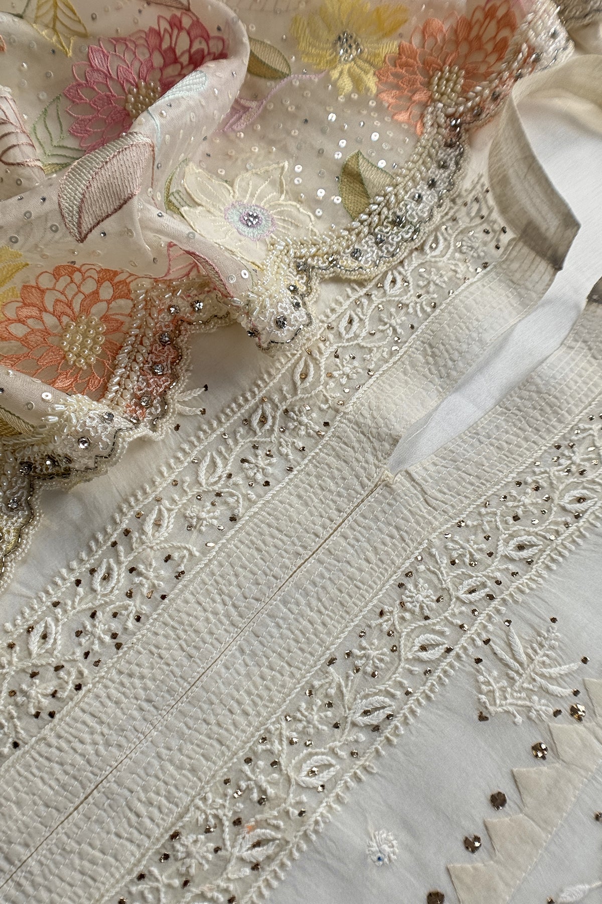 White Pure Organza Hand Embroidered Lakhnavi Kurta And Kora Silk Dupatta With Resham Embroidery