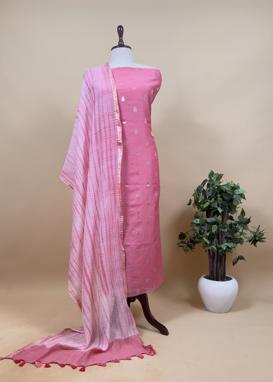 Pink Banarasi Chanderi Handloom Suit Set With Shibori Dupatta