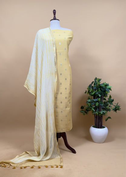 Butter Yellow Banarasi Chanderi Handloom Suit Set With Shibori Dupatta