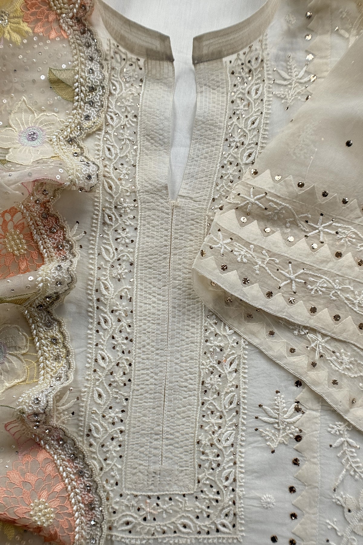 White Pure Organza Hand Embroidered Lakhnavi Kurta And Kora Silk Dupatta With Resham Embroidery