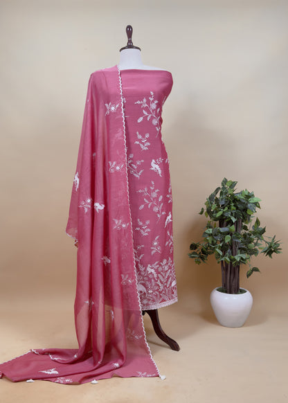 Rani Pink Mul Chanderi Suit With Flamingo And Peacock Embroidery
