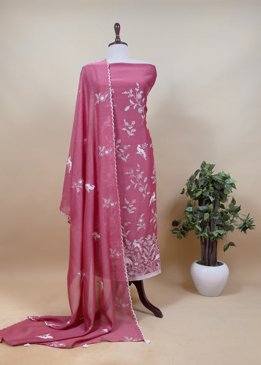 Rani Pink Mul Chanderi Suit With Flamingo And Peacock Embroidery