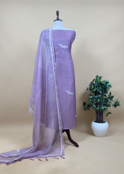 Mauve Pure Organza Silk Suit With Bandhani Print Dupatta