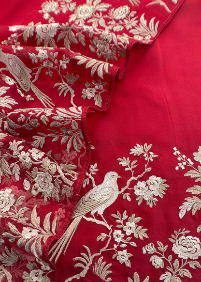 Red Handloom Kora Silk Suit With Parsi Embroidery