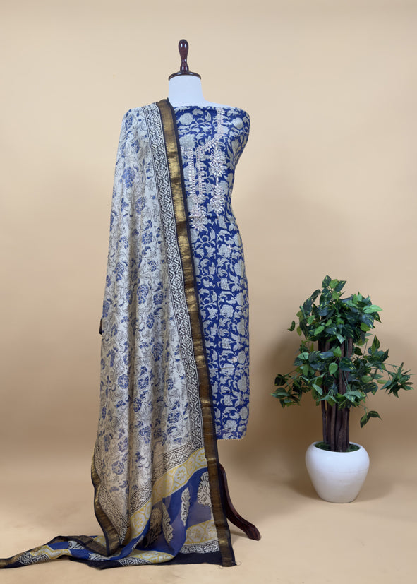 Blue Sanganeri Hand-Blocked Kalamkari Suit With Gota Patti Embroidery