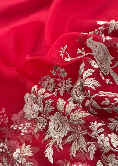 Red Handloom Kora Silk Suit With Parsi Embroidery