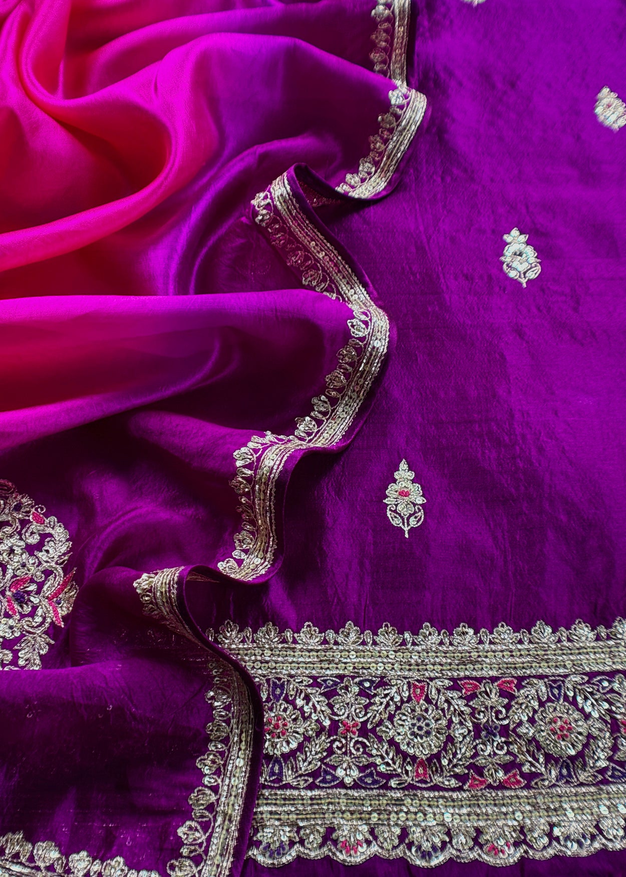 Royal Purple Handloom Silk Suit With Ombre Dupatta In Dori Embroidery