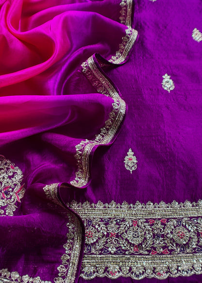 Royal Purple Handloom Silk Suit With Ombre Dupatta In Dori Embroidery