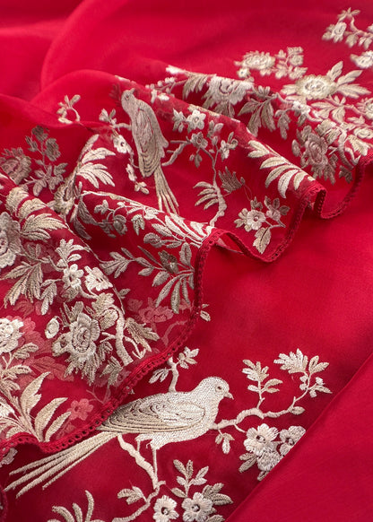 Red Handloom Kora Silk Suit With Parsi Embroidery
