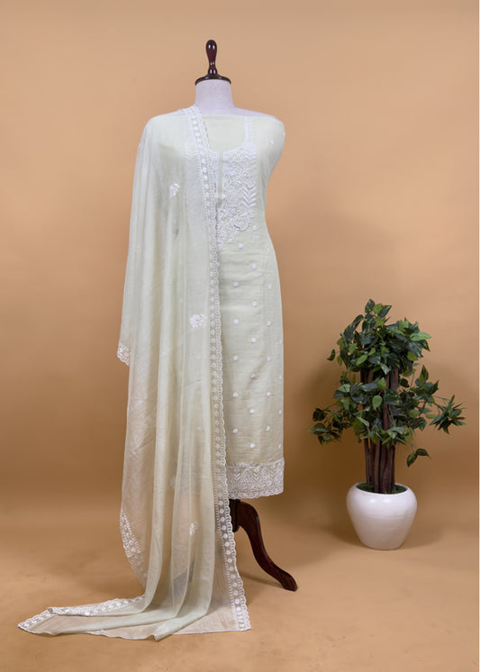 Pastel Yellow Chikankari Embroidered Suit In Mul Cotton