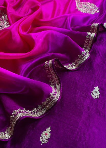 Royal Purple Handloom Silk Suit With Ombre Dupatta In Dori Embroidery