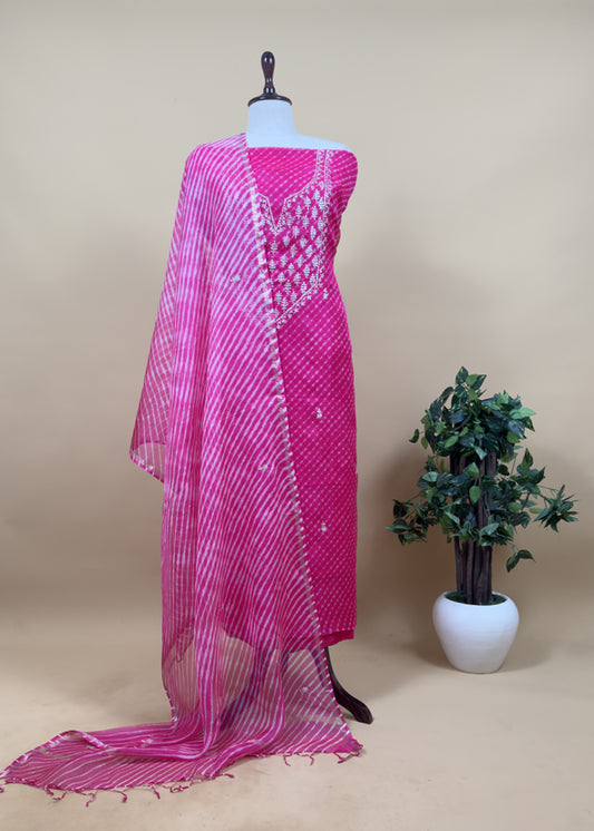 Pink Gotta Patti Embroidered Kota Doria Suit With Lehariya Dupatta