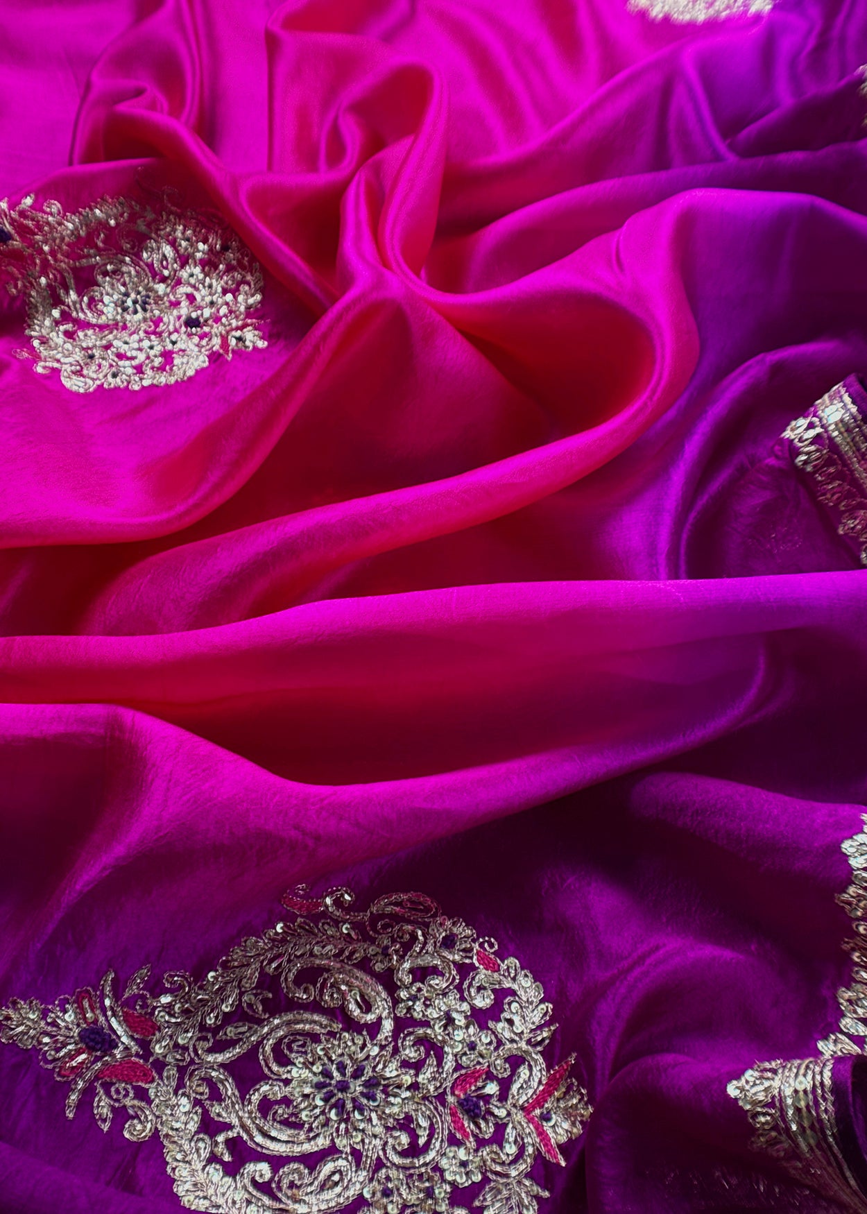 Royal Purple Handloom Silk Suit With Ombre Dupatta In Dori Embroidery