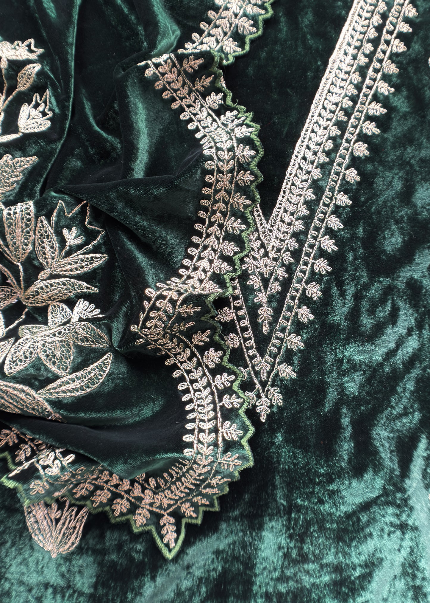 Green Pure Velvet Unstitched Suit In Dori Embroidery