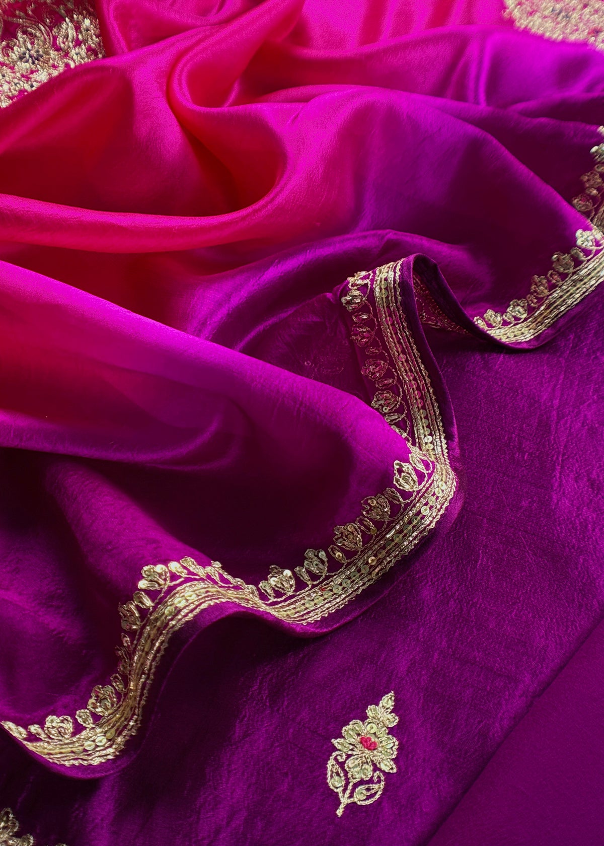Royal Purple Handloom Silk Suit With Ombre Dupatta In Dori Embroidery